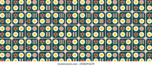 Kitchen Pattern with fried eggs, cherry tomatoes, arugula and sausage. Vector seamless background with breakfast theme. For textile, fabric, wallpaper, packaging.