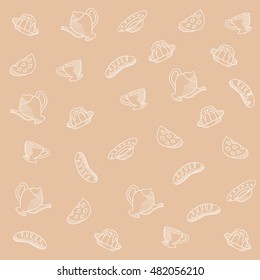 Kitchen pattern with images of plates, kettle, cake,  cheese, loaf  and mug