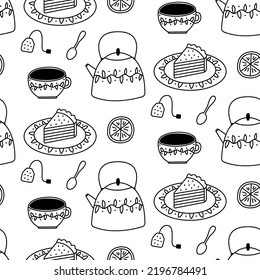 Kitchen pattern linear doodle. Tea party cartoon elements: teapot, cup, lemon, dessert, spoon, tea bag. Cute pattern on a white background. Hand drawn vector illustration.
