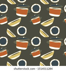 Kitchen pattern - pan and plates. Stock Vector Graphics