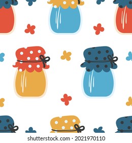 Kitchen pattern seamless with glass jam jars vector illustration.