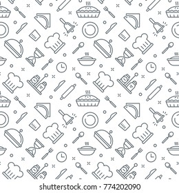 Kitchen Pattern Seamless Vector Texture. Bakery Simple Thin Line Collection.