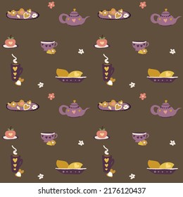Kitchen pattern with utensils on a dark brown background for textiles, wallpapers, napkins.