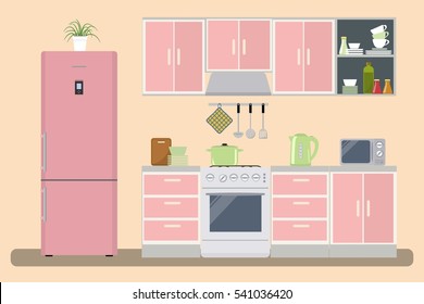 Kitchen in a pink color. There is a furniture, a refrigerator, a stove, a microwave, a kettle and other objects in the picture. Vector flat illustration