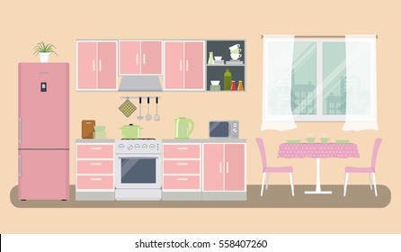 Kitchen in a pink color. There is a furniture, a stove, a refrigerator, a microwave, a kettle and other objects in the picture. There is also a table and chairs near the window. Vector illustration