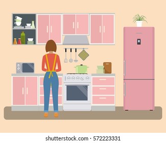 Kitchen in a pink color. There is a woman near the stove prepares food. There is a refrigerator, a kitchen furniture, a microwave and other objects in the picture. Vector flat illustration