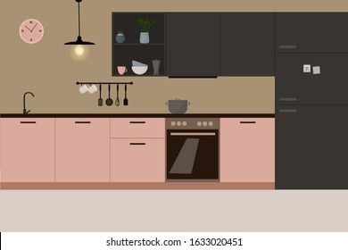 The kitchen is pink and gray in a modern style, kitchen utensils. Vector illustration in a flat style.