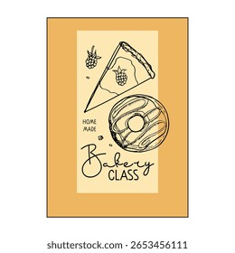 Cartaz de cozinha com produtos de padaria. Inscrição Classe Padaria com rosca desenhada à mão e esboço de cheesecake de framboesa isolado no branco. Cartaz de tipografia para arte de cozinha, menu, loja, café, livros de receitas