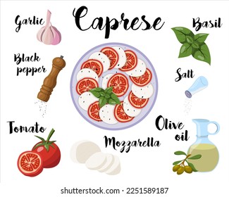 kitchen poster with caprese salad recipe. Vector illustration on a white background