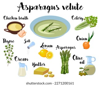 kitchen poster with a recipe for asparagus cream soup. Asparagus velute. Vector illustration on a white background.