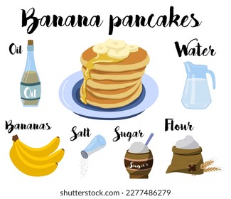 Afiche de cocina con una receta para hacer crepes bananeros. Receta sin huevos. Vector