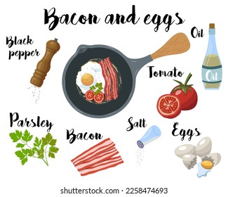a kitchen poster with a recipe for cooking scrambled eggs with bacon. Vector illustration on a white background.