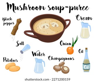 kitchen poster with a recipe for cooking soup-puree of mushrooms. Vector illustration on a white background.