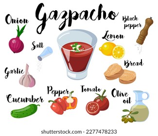 A kitchen poster with a recipe for making gazpacho. Vector isolated on a white background