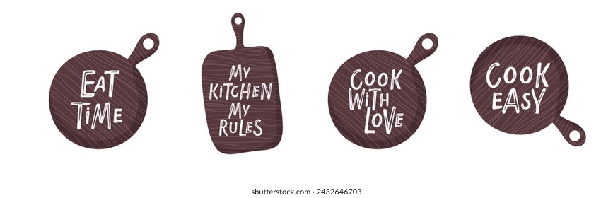 Carteles de cocina con tablas de cortar. Textos con tabla de cortar aislados sobre fondo blanco. Carteles de cocina, etiqueta, clases de cocina, café, estudio de alimentos. Frase escrita a mano. Inspiración en diseños gráficos.