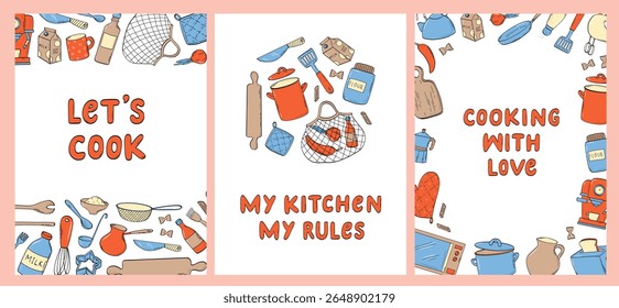 Kitchen posters decorated with doodles of kitchen utensils and lettering quotes. Good for templates, cards, prints, banners, invitations, home decor. EPS 10