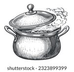 Kitchen pot. Boiling saucepan. Cooking pot with smoke in style of old engraving. Sketch vector illustration