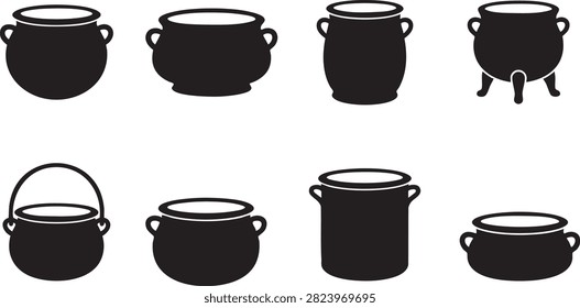 Kitchen pot and cooking cauldron icon set with black flat cookware symbols for culinary projects