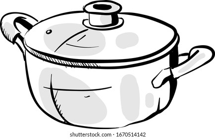 Kitchen Pot Drawing, Illustration, Vector On White Background.