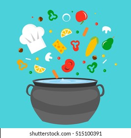 Kitchen pot with flying food, fruits and veggies, cooking concept, vector illustration