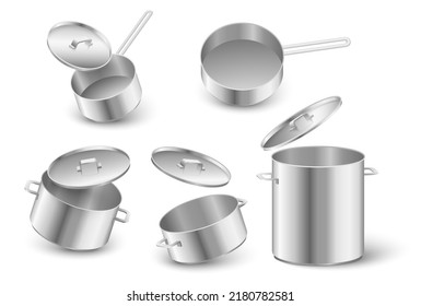 Kitchen pot and pan realistic vector set. Cookware utensils with lids illustration. Saucepan for cooking isolated on white background. Cookery equipment, culinary bowl