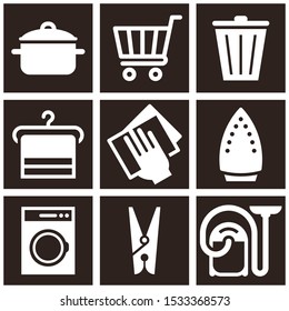 Kitchen Pot, Shopping Cart, Trash Bin, Hanger, Wipe Dust, Iron, Washing Machine, Clothes Peg, Vacuum Cleaner Icon Set on dark background