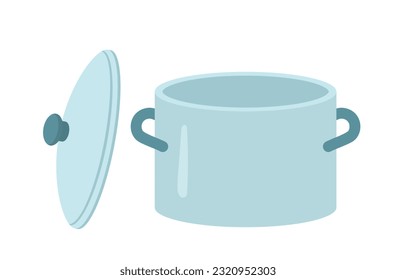 Kitchen pot sticker concept. Kitchen utensils for cooking soups and preparation of tasty dishes. Poster or banner for website. Cartoon flat vector illustration isolated on white background