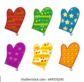 Kitchen potholders, mittens with different patterns. Isolated on white background. Vector illustration, clip-art