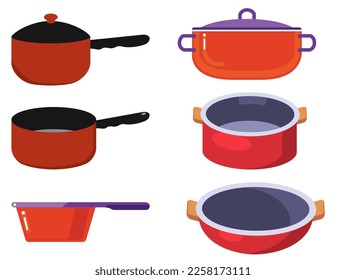 Kitchen pots and saucepans collection for cooking on white background