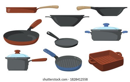 Kitchen pots set. Frying pans and saucepans, skillet with handle and wok. Vector illustrations collection for kitchenware, utensil, cooking concept