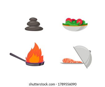 Kitchen preparation flat color vector object set. Fire on pan. Fish steak on plate. Salad dish. Cafe culinary isolated cartoon illustration for web graphic design and animation collection