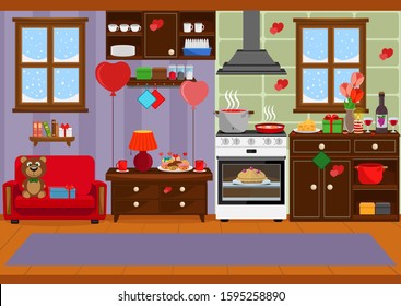 Kitchen prepared for the celebration of Valentine's day. Vector illustration on the theme of the interior.