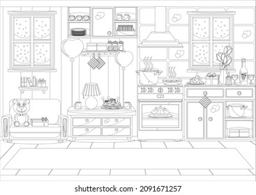 Kitchen prepared for the celebration of Valentine's day. Vector illustration coloring book.