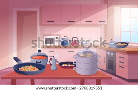 Kitchen. Preparing food on gas stove exact vector boiling and frying processes