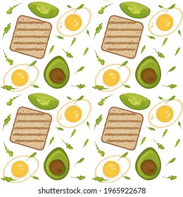 Kitchen print with an image of avocado, fried egg, toasted arugula leaves on a white background. Vector seamless pattern of cooking and eating.