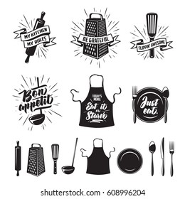 Kitchen prints set. Quotes and funny sayings about food cooking. Monochrome kitchenware objects set. Restaurant advertising posters collection. Vector vintage illustration.