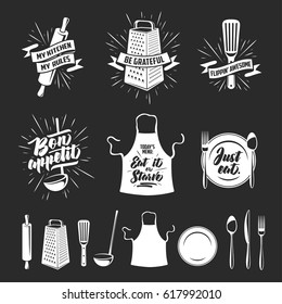 Kitchen prints set. Quotes and funny sayings about food cooking. Monochrome kitchenware objects set. Restaurant advertising posters collection. Vector vintage illustration.