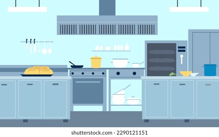 Kitchen professional cooking. Pans and pots, raw and bakery. Restaurant or cafe staff area, flat interior vector illustration