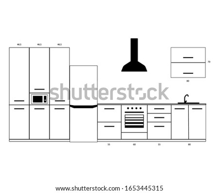 Kitchen project, design blueprint, combination idea, home furniture, arrangement plan, vector line illustration