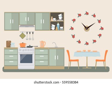 Kitchen in provence color. There is a furniture, a stove, a table with chairs, a big clock in a shape of roses on the wall and other objects in the picture. Vector flat illustration.