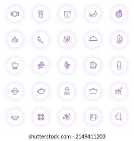kitchen purple color outline icons on light round buttons with purple shadow. kitchen icon set for web, mobile apps, ui design and print