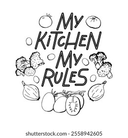 Kitchen quote with food ingredients illustration with tomatoes, onions, olive, broccoli. Black cook text vector for banner, poster, flyer