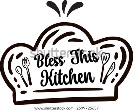 Kitchen Quote Saying Bless this kitchen Farmhouse Sign design vector shape. Inspirational typography for home decor, cafe, restaurant. Vector vintage illustration.