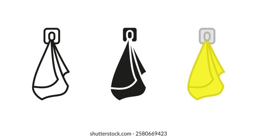Kitchen rag icon. Hanging absorbent cloth vector illustration. Soft cleaning fabric symbol. Household hygiene sign. Domestic utility wipe concept.