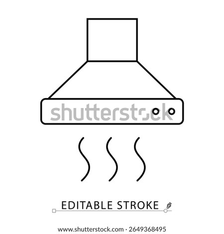 A kitchen range hood icon in minimalist style with editable stroke. Cooking ventilation, air extractor, kitchen appliance, steam removal, home equipment, outline drawing, vector line illustration.