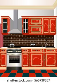 Kitchen red design ,kitchen icon,interior room, symbol furniture, kitchen illustration