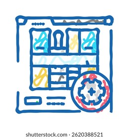 Vector interior del bosquejo del icono del doodle del rediseño de la cocina. Muestra interior del rediseño de la cocina