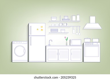 Kitchen With Refrigerator, Washing Machine And Equipment