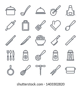 Kitchen related line icon set. Cooking linear icons. Kitchen utensils outline vector sign collection.
