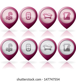 Kitchen related objects (utensils), from left to right: Valve, Waste container, Bathtub, Mirror. 